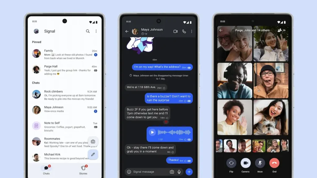 Signal app interface met chatlijst, gesprek en videobellen