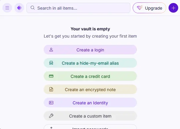 Proton Pass wachtwoordmanager interface na installatie - nog geen wachtwoorden ingevuld.