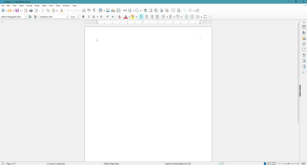 LibreOffice Writer interface met nieuw document - gratis Misrosoft Office alternatief