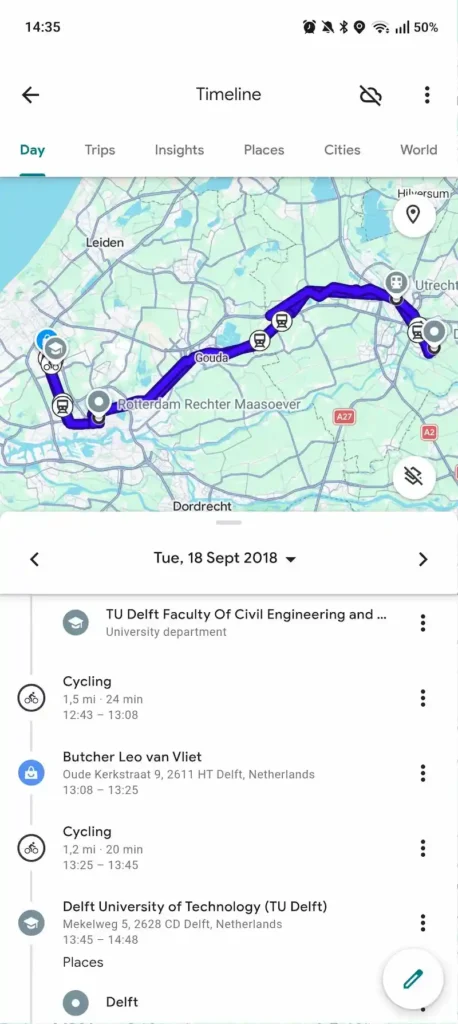 Google Maps Tijdlijn met fietsroute door Delft op 18 september 2018