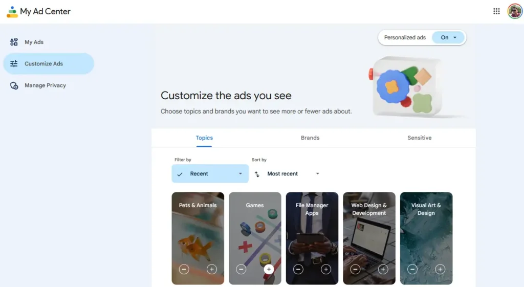 Google Advertentiecentrum met geschatte interesses zoals Pets & Animals, Games en Web Design