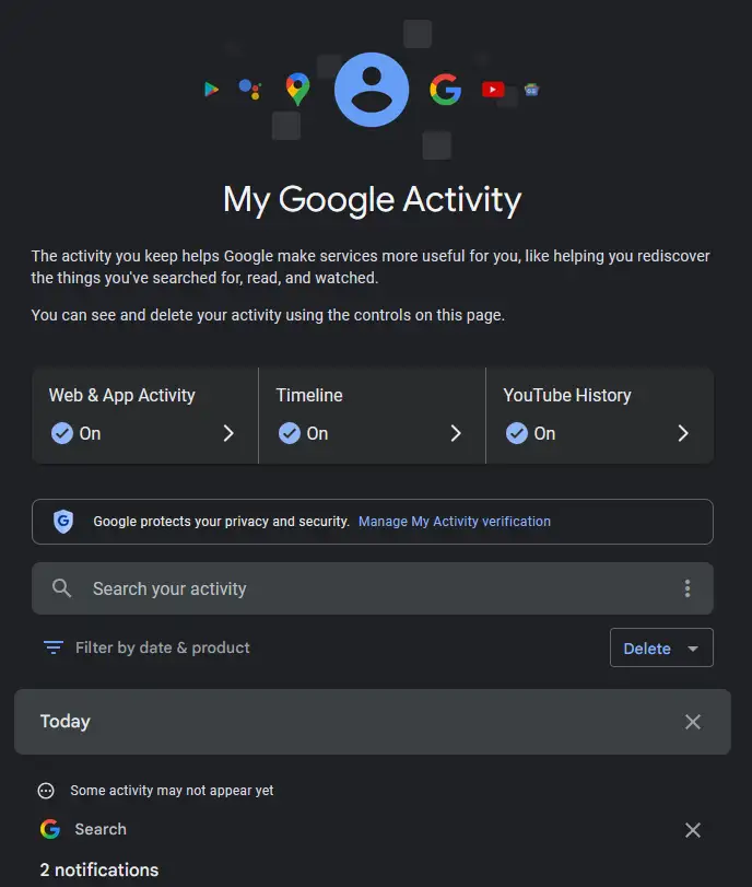 Overzichtspagina van Google Mijn Activiteit met Web- en App-activiteit, Tijdlijn en YouTube-geschiedenis