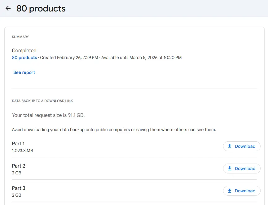 Google Takeout download klaar - 91,1 GB verdeeld over tientallen bestanden