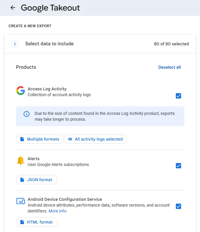 Google Takeout stap 1 - selecteer welke gegevens je wilt exporteren, 80 producten geselecteerd